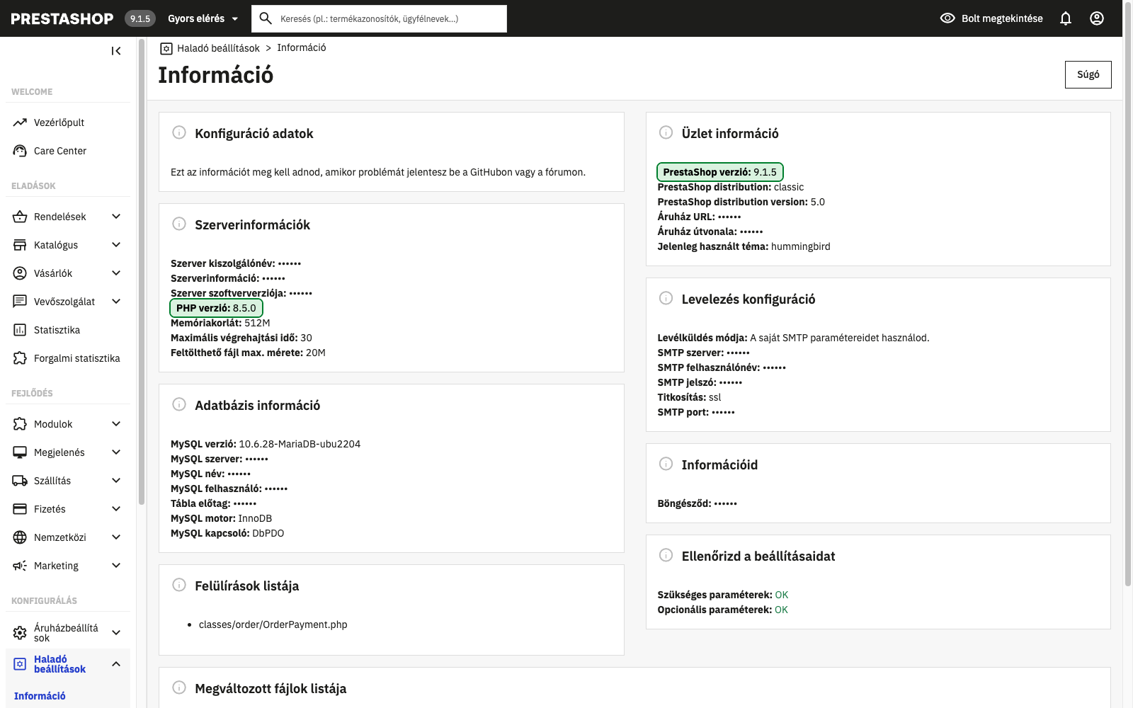 A PrestaShop admin Információ oldala, rajta a PrestaShop és a PHP verziója