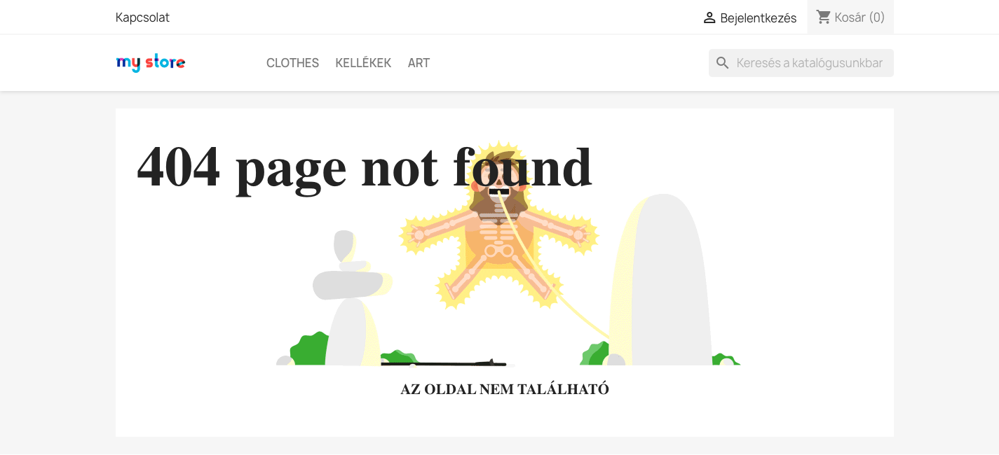 The custom 404 page in the shop: large 404 heading, illustration and the page-not-found message with the shop header