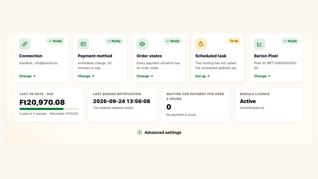 The module overview: cards for the connection, payment method, order states, scheduled task and Barion Pixel, with the last 30 days of payments and the last Barion notification below