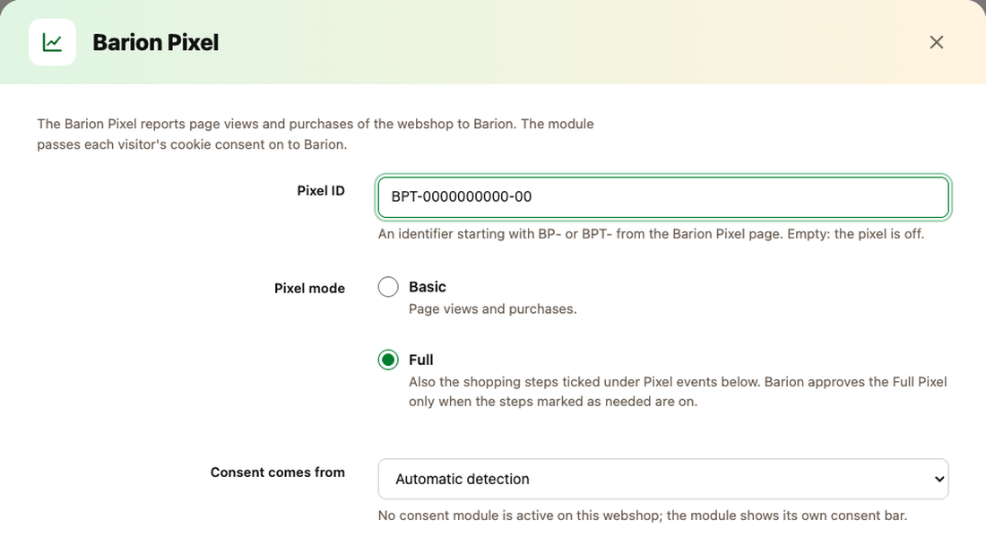 The Barion Pixel dialog: Pixel ID, basic or full pixel mode and the source of the cookie consent