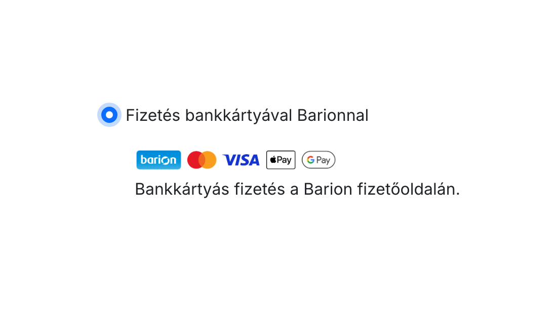 A Barion fizetési mód a pénztárban: Fizetés bankkártyával Barionnal, Barion, Mastercard, VISA, Apple Pay és Google Pay ikonokkal