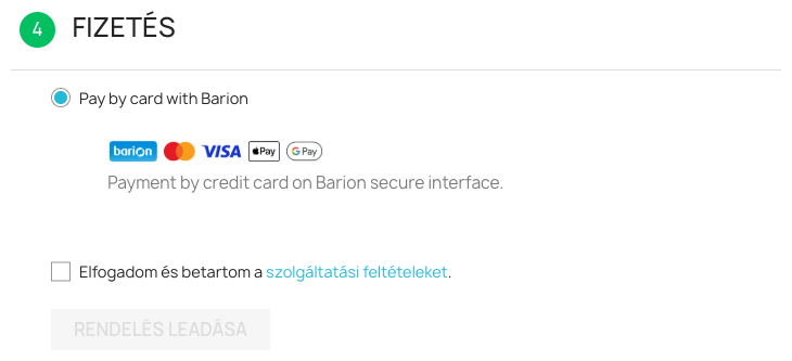 A pénztár fizetési lépése a Barion bankkártyás fizetési móddal: Barion logó, Mastercard, VISA, Apple Pay és Google Pay ikonok, alul a rendelés leadása gomb