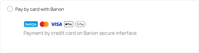 A Barion bankkártyás fizetési mód a pénztárban: Barion logó és kártyaikonok, fizetés a Barion biztonságos felületén