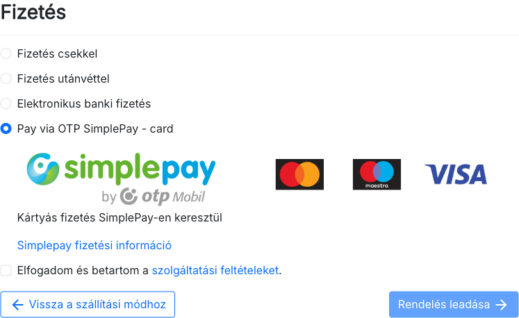 Az OTP SimplePay bankkártyás fizetési mód a pénztárban: SimplePay logó, Mastercard, Maestro és VISA kártyaikonok, kártyás fizetés SimplePay-en keresztül