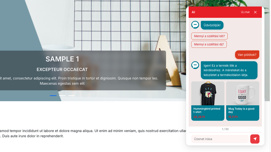 A chatablak a webshopban: a látogató kérdése, az asszisztens válasza és az ajánlott termékek kártyája képpel és árral