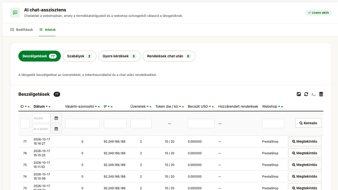 Beszélgetések lista: dátum, IP-cím, üzenetek száma, tokenhasználat, becsült költség és hozzárendelt rendelések