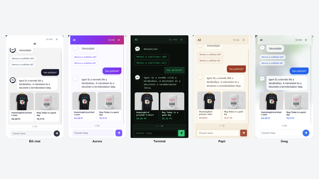 További öt chat-design: Élő chat, Aurora, Terminál, Papír és Üveg, ugyanazzal a kérdéssel és válasszal