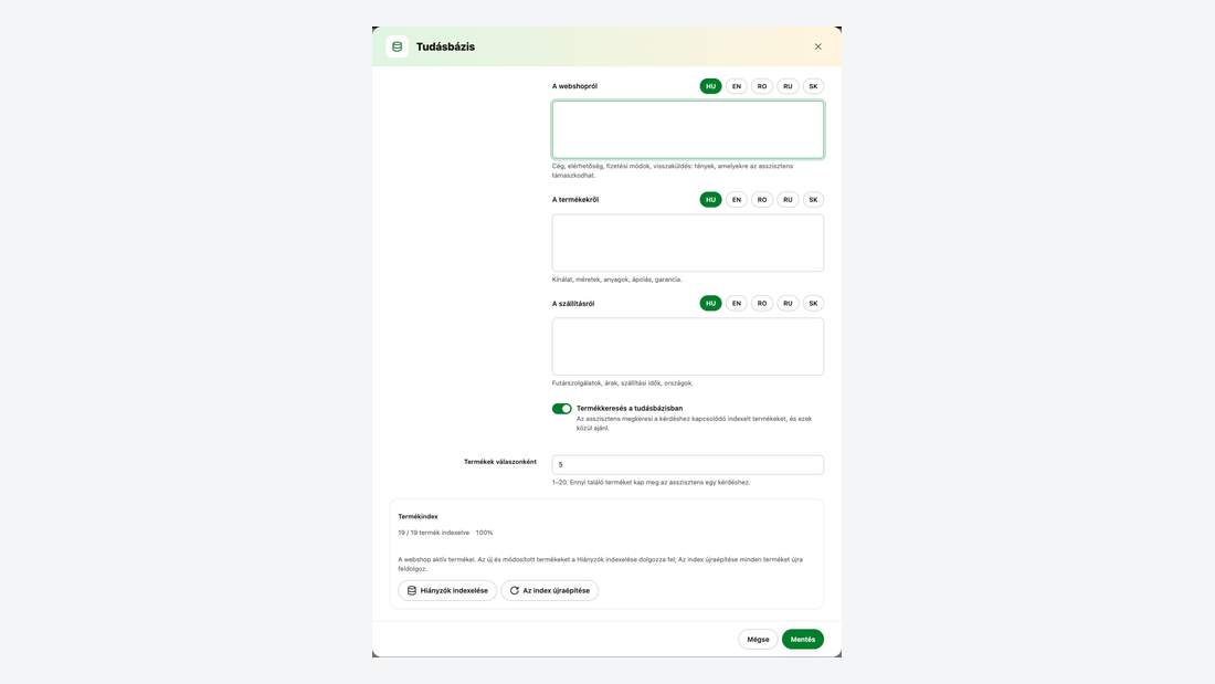 Tudásbázis ablak: szövegek a webshopról, a termékekről és a szállításról, és a termékindex állapota