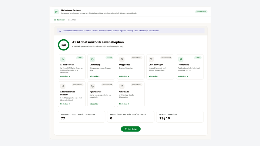 A modul Beállítások képernyője: haladásjelző, nyolc beállítás-kártya és a chatek, a chat utáni rendelések és az indexelt termékek száma