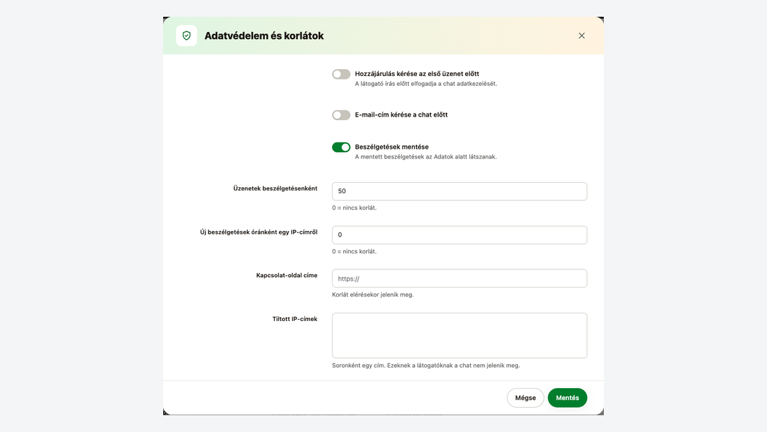 Adatvédelem és korlátok ablak: hozzájárulás- és e-mail-kérés, beszélgetések mentése, korlátok