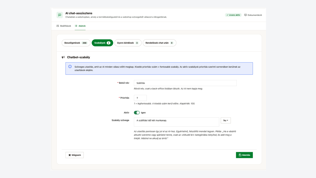 Chatbot-szabály űrlap: belső név, prioritás, kapcsoló és a szabály szövege nyelvenként