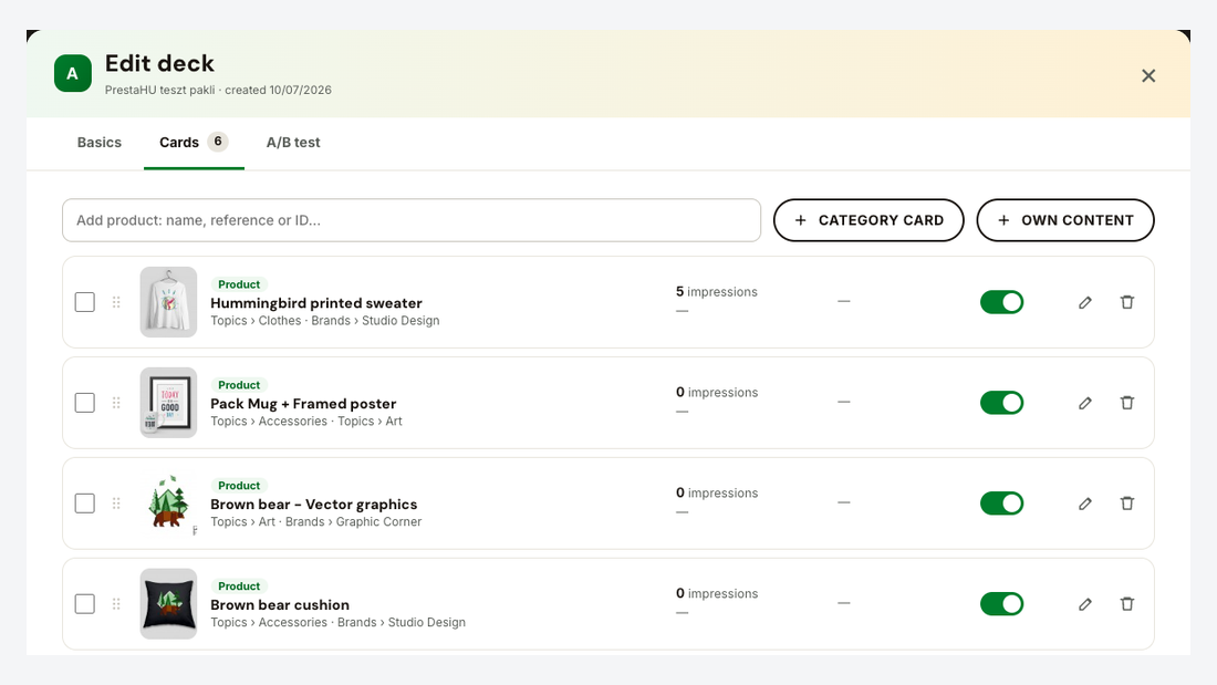 Cards of a Swipe deck with impressions, like rate and button clicks