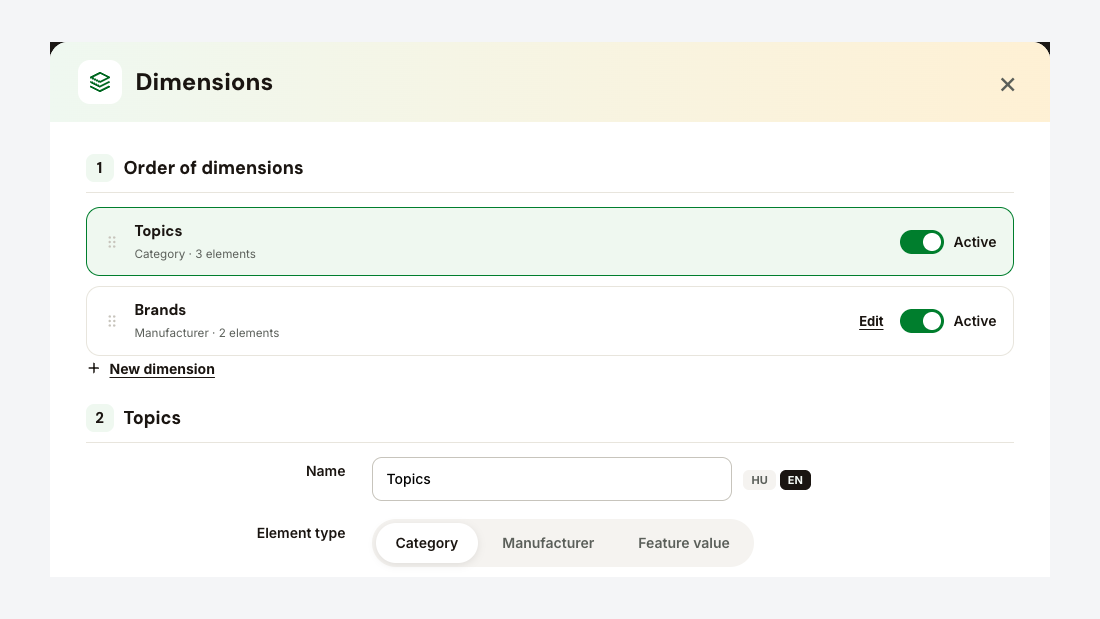 Dimensions: topics from categories, brands from manufacturers