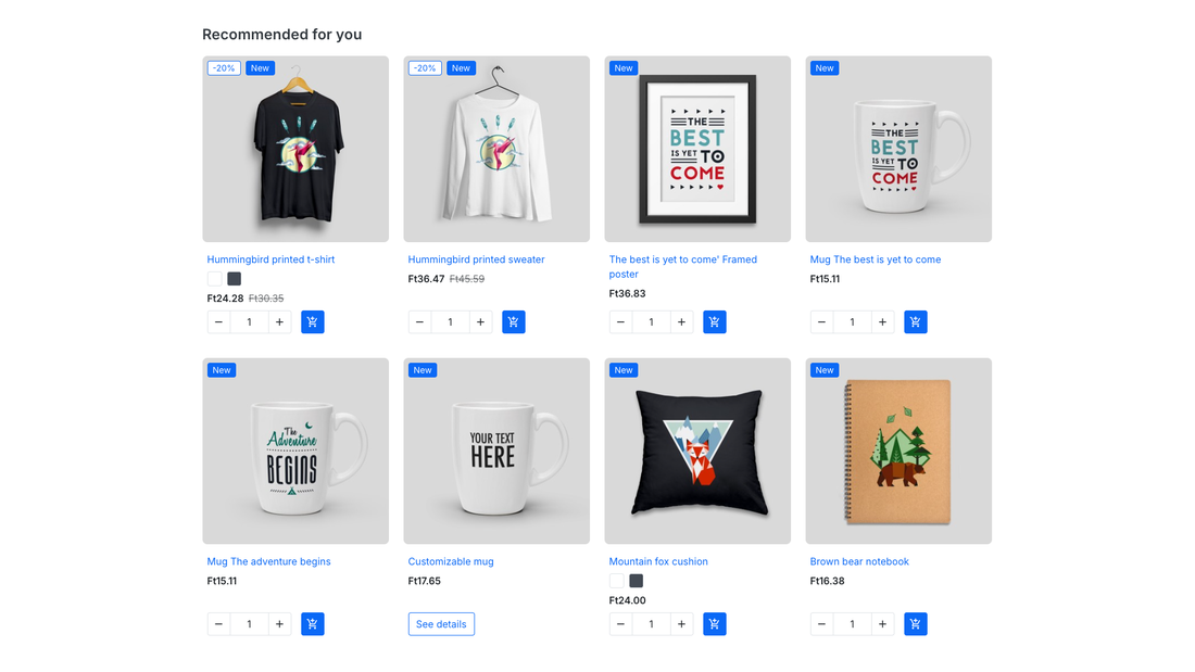The “Recommended for you” block on the home page with the product cards of the theme