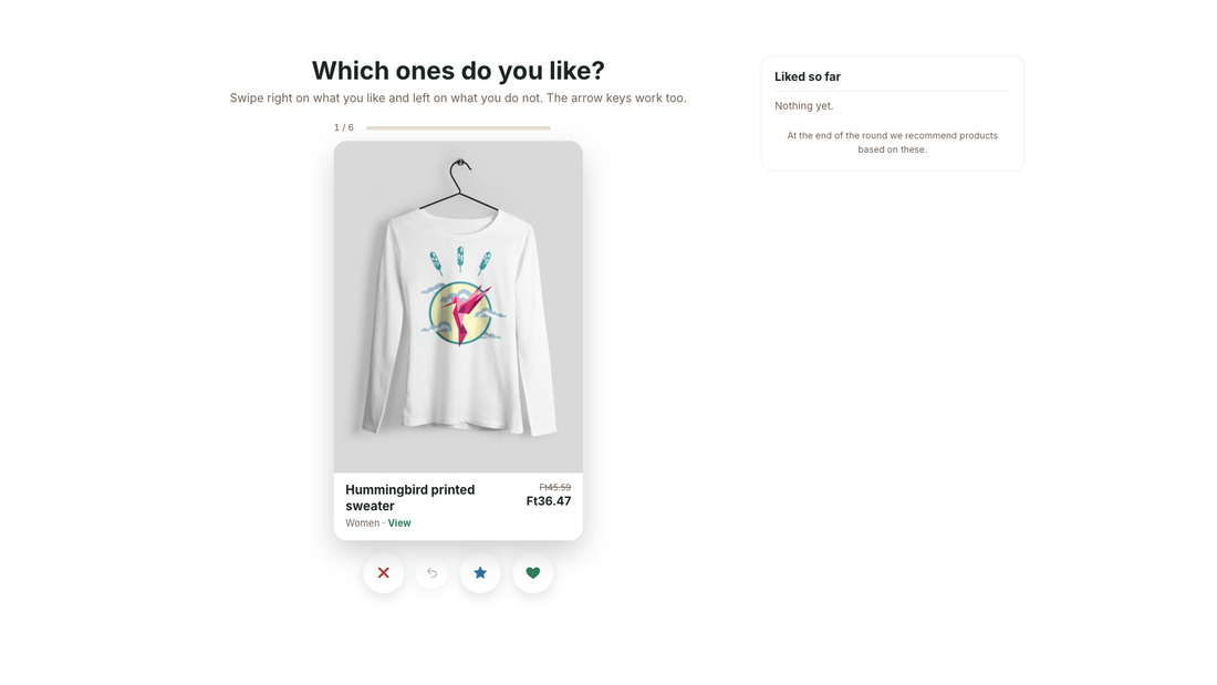 The Swipe page on the webshop: a product card to swipe or use the buttons on