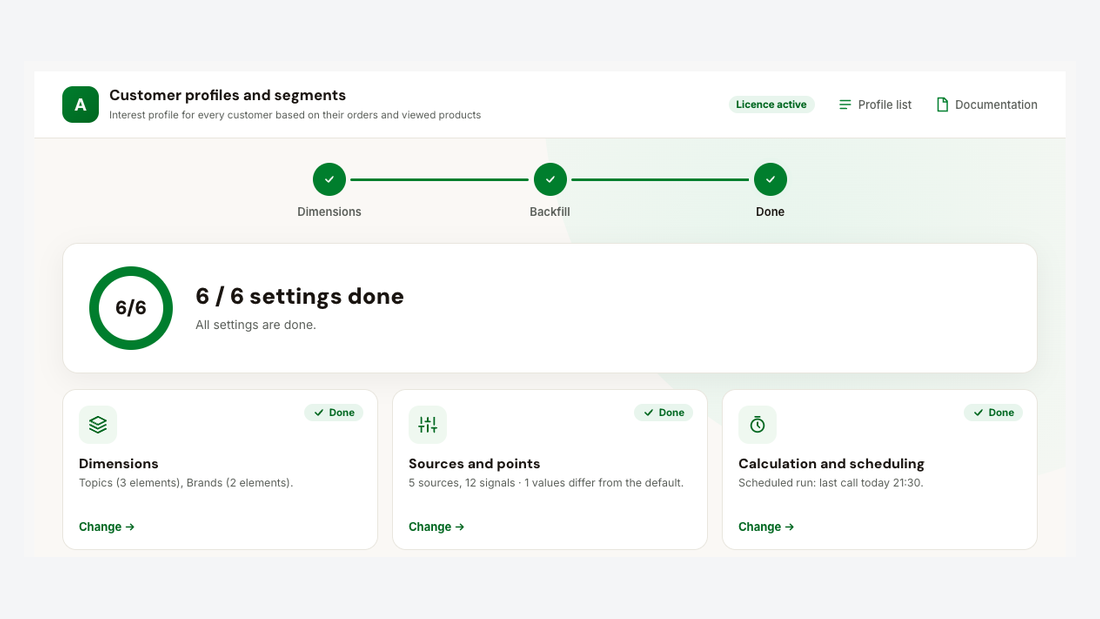 The module page: the setup steps and the setting cards