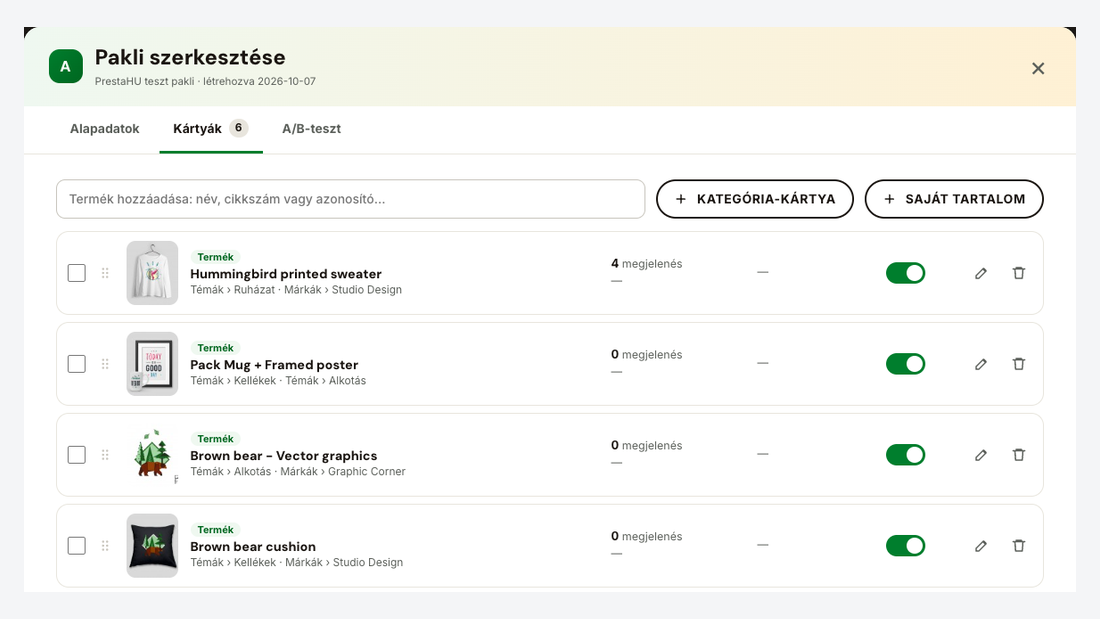 Swipe-pakli kártyái megjelenéssel, tetszik-aránnyal és gomb-kattintással