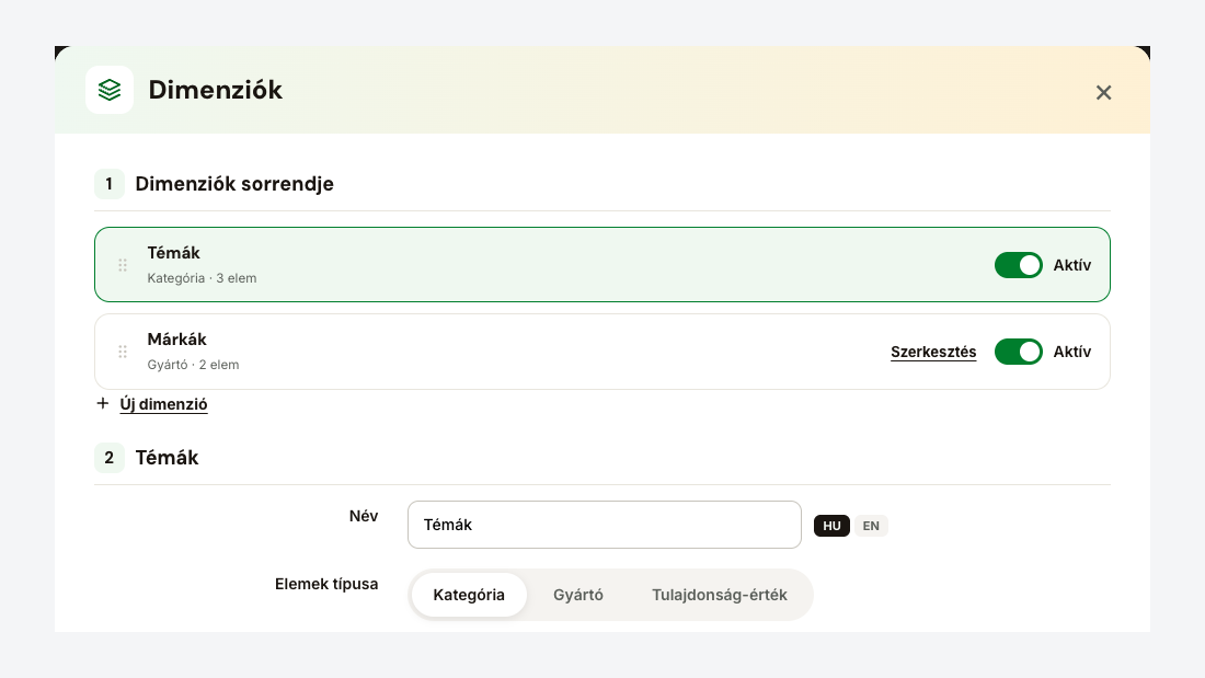 Dimenziók: témák kategóriákból, márkák gyártókból
