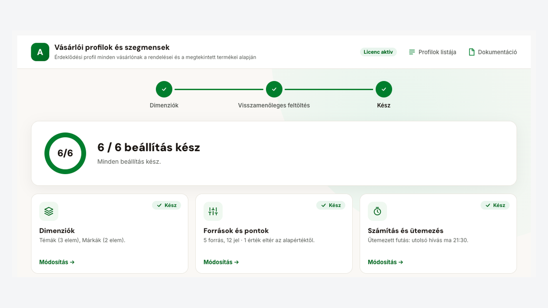 A modul áttekintő oldala: a beállítás lépései és a beállítás-kártyák
