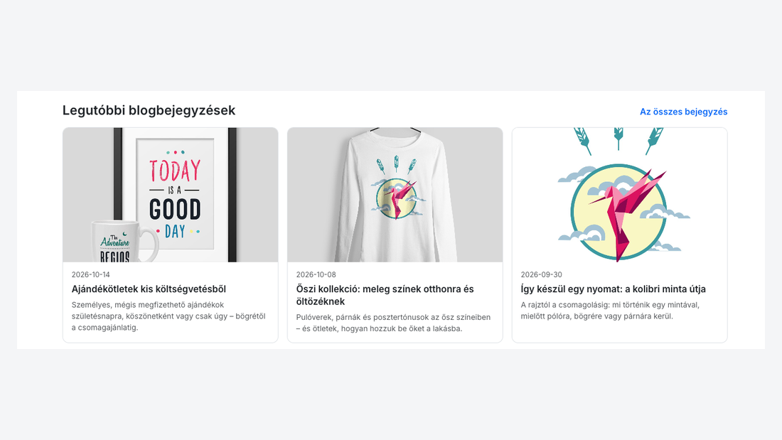 A webshop kezdőlapja a legutóbbi három blogbejegyzés kártyájával és a blogra mutató linkkel