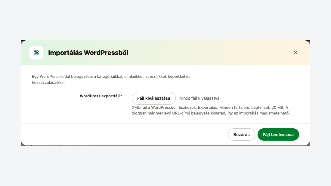 Az importálás WordPressből ablak: az exportfájl feltöltése és az átvihető adatok