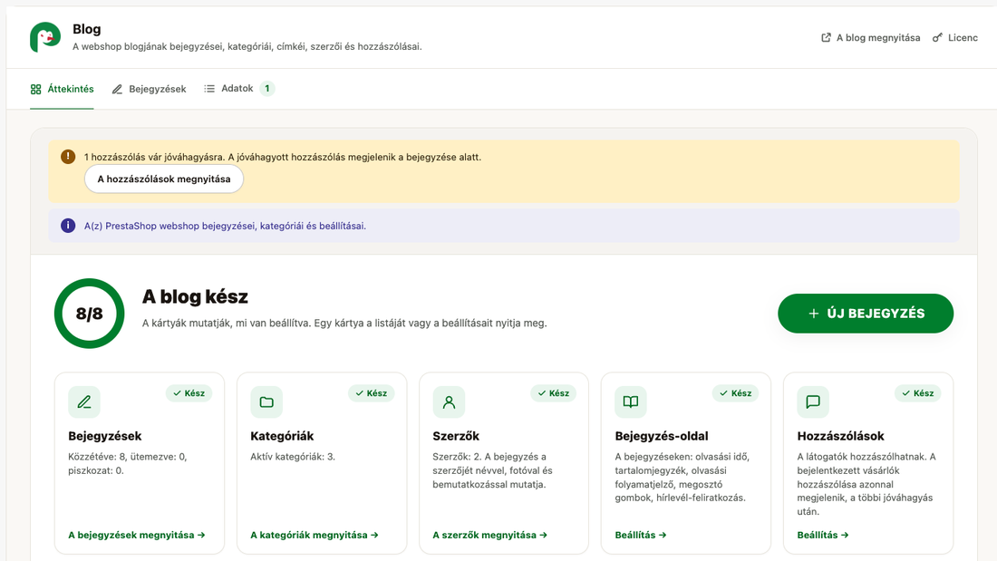 A modul áttekintő oldala: a blog állapota, a beállítás-kártyák és a bejegyzések, megtekintések és hozzászólások száma