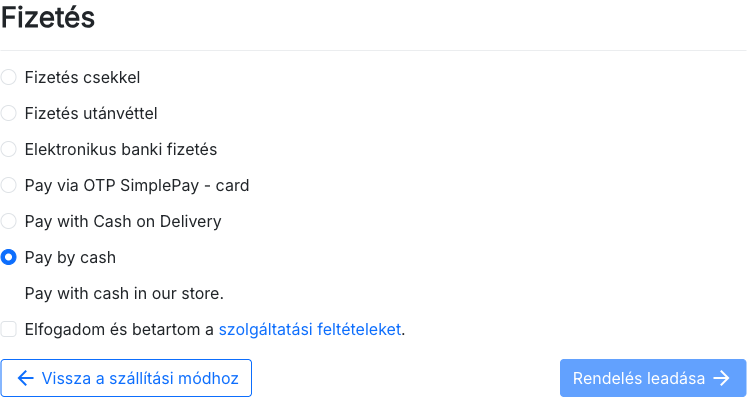 A pénztár fizetési lépése: a Készpénzes fizetés kiválasztva a fizetési módok között