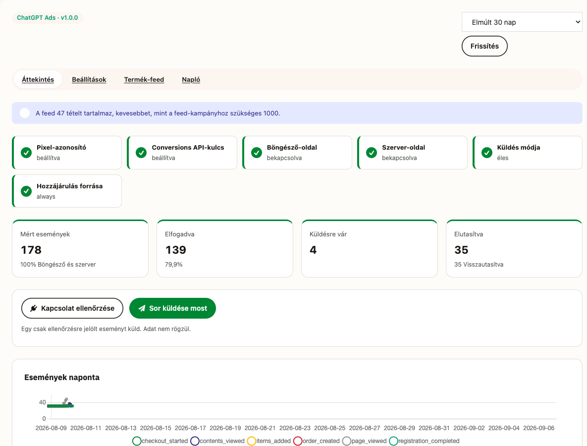 Áttekintő képernyő az elfogadott és a küldésre váró eseményekkel
