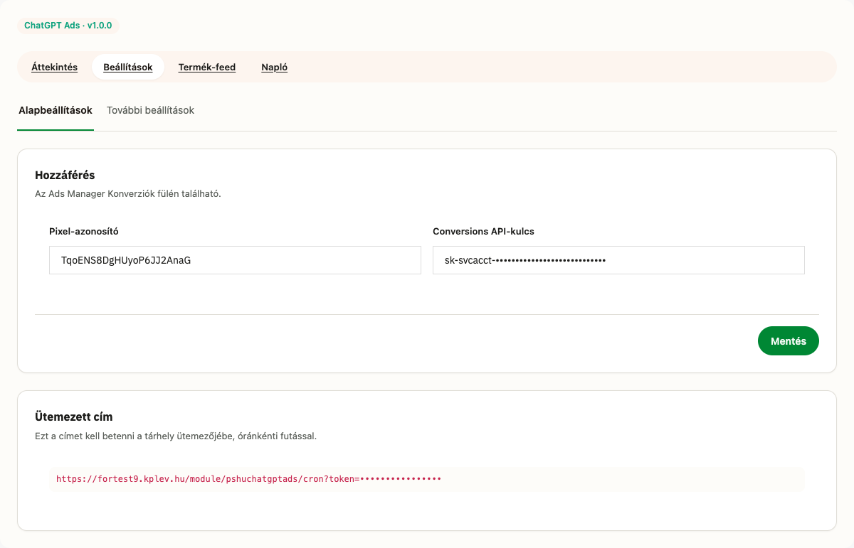 A pixel-azonosító és a Conversions API-kulcs megadása