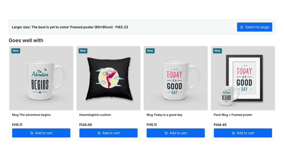 A larger pack offer (upsell) and related products with add to cart buttons (cross-sell) on the cart page