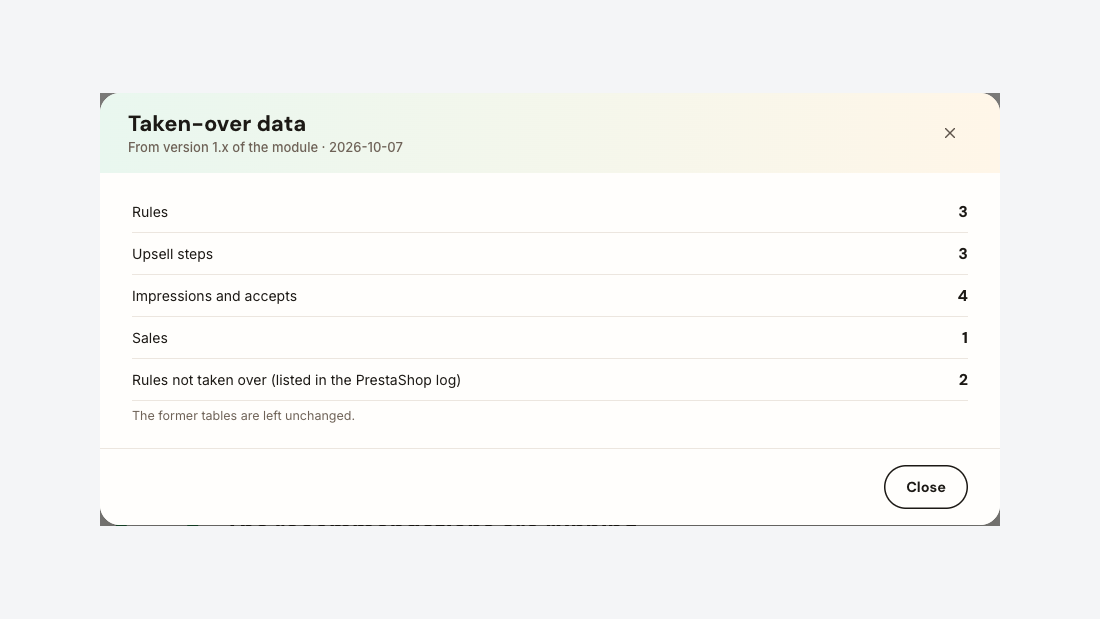 Rules, upsell steps and statistics taken over from version 1.x