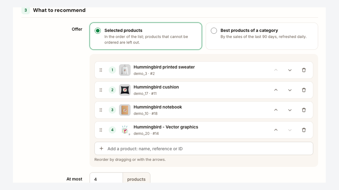 Cross-sell rule: the ordered list of related products