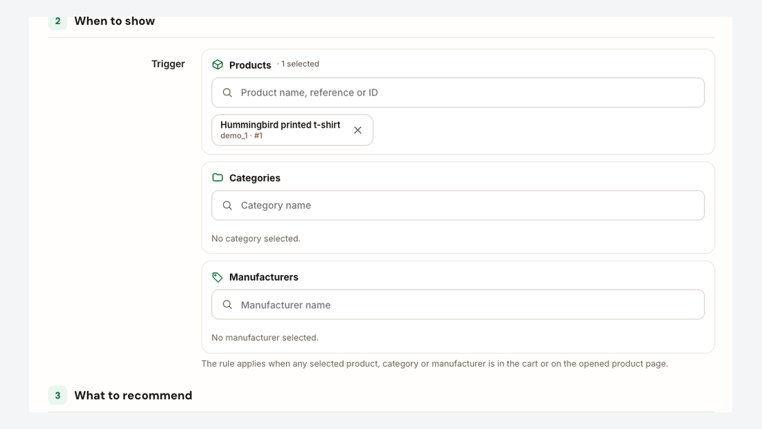 Cross-sell rule: trigger products, categories and manufacturers