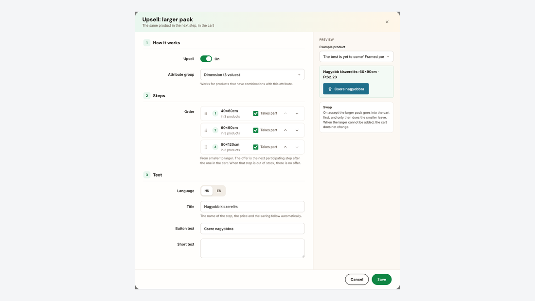 Upsell settings: the steps of the larger pack with a preview