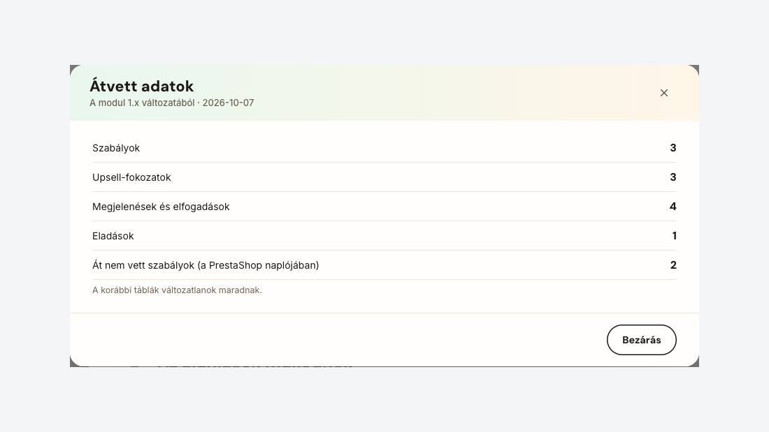 Az 1.x változatból átvett szabályok, upsell-fokozatok és statisztika