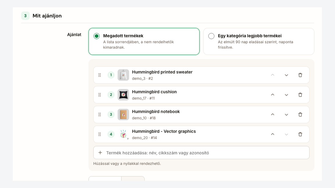 Cross-sell szabály: a kapcsolódó termékek sorrendezett listája