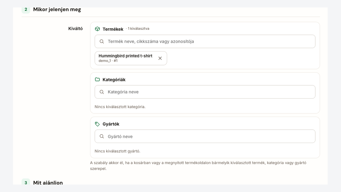 Cross-sell szabály: kiváltó termékek, kategóriák és gyártók