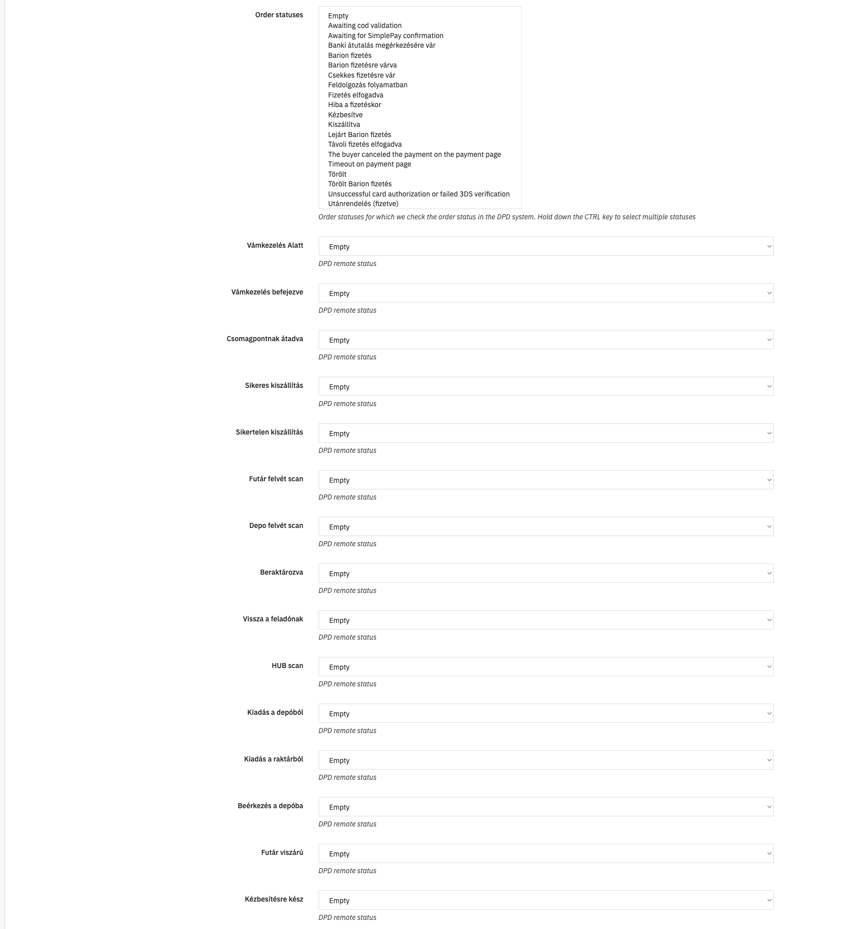 DPD tracking-események leképezése PrestaShop rendelés-állapotokra a modul beállításaiban