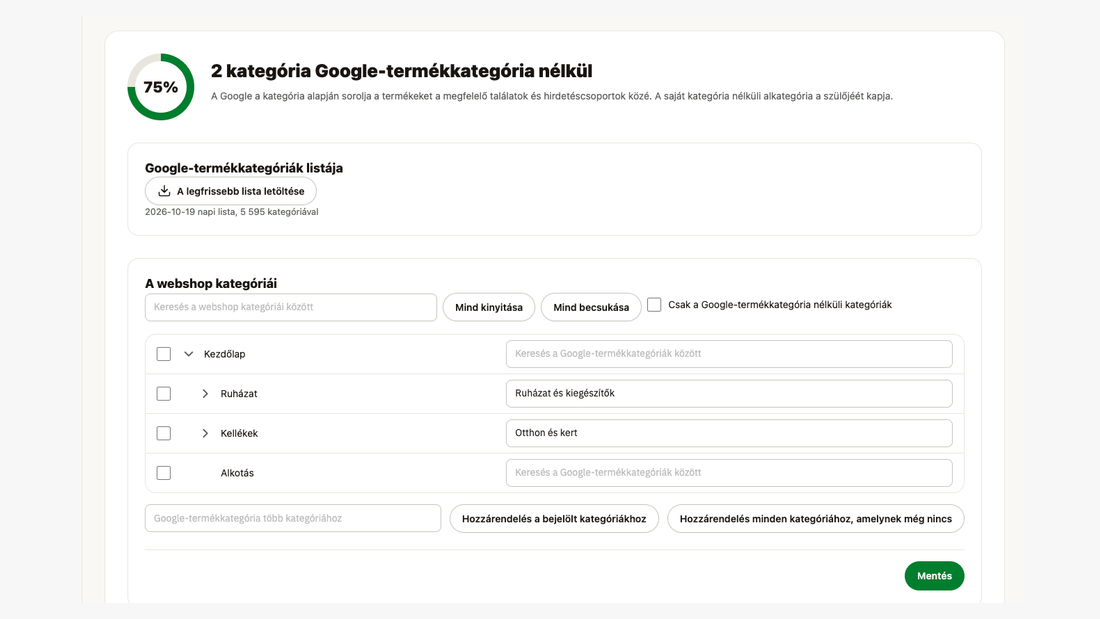 A Google-termékkategóriák képernyő: a webshop kategóriái a hozzájuk rendelt Google-termékkategóriával