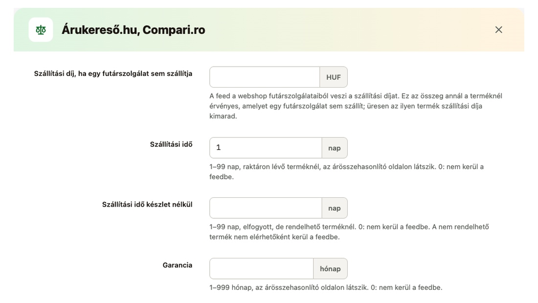 Az Árukereső.hu, Compari.ro feed beállításai: szállítási díj, szállítási idő készlettel és készlet nélkül, garancia