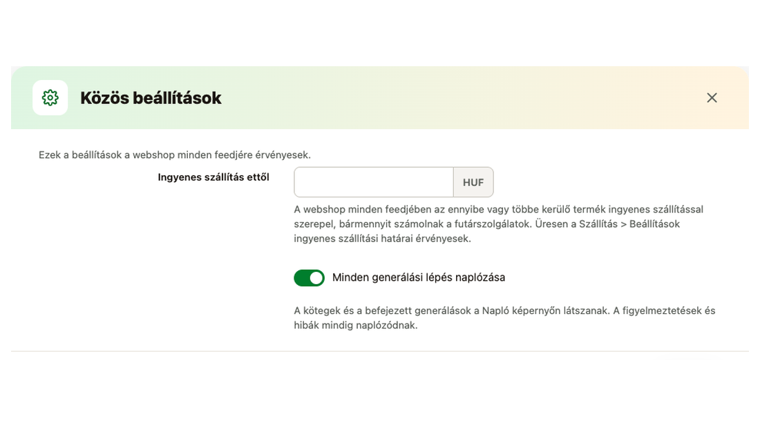 A Közös beállítások ablak: ingyenes szállítás küszöbe és a generálási lépések naplózása