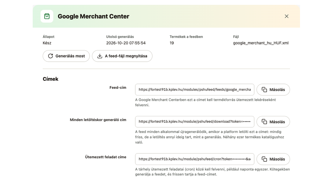 A Google Merchant Center feed ablaka: állapot, generálás, a feed címe, a letöltéskor generáló és az ütemezett cím