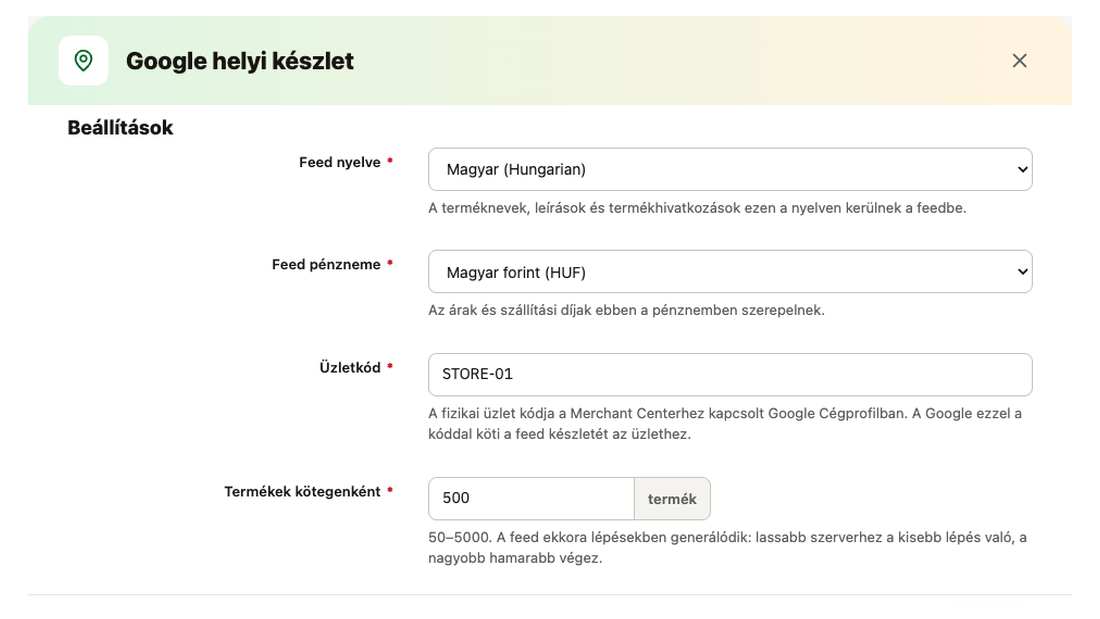 A Google helyi készlet feed beállításai: feed nyelve, pénzneme és az üzletkód