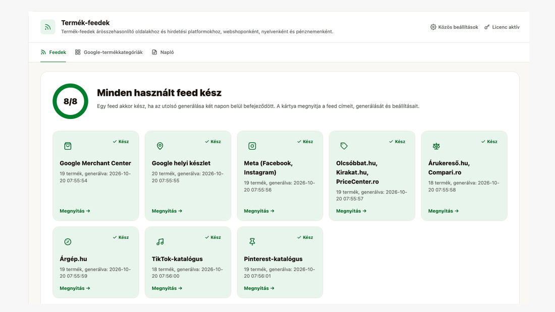 A Feedek képernyő: a nyolc feed kártyája állapottal, termékszámmal és a generálás idejével