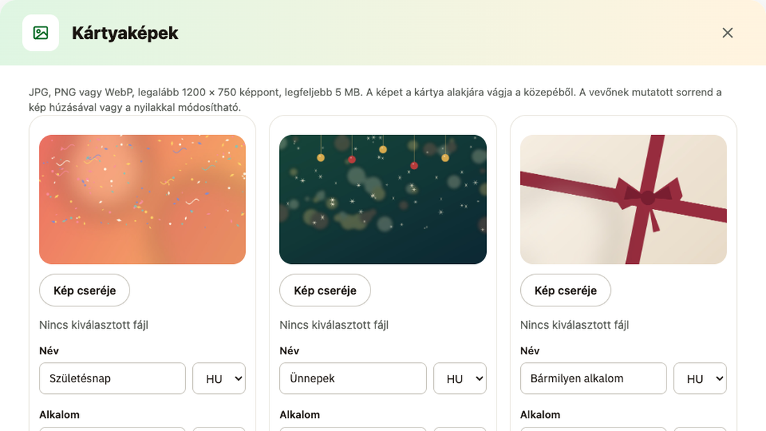 A kártyaképek kezelése: kép cseréje, név, sorrend
