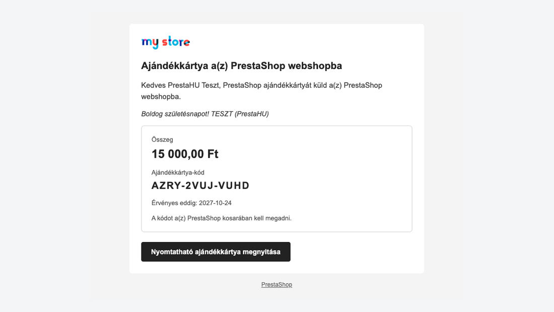 A címzett levele a webshop logójával, az összeggel, a kóddal és a lejárattal