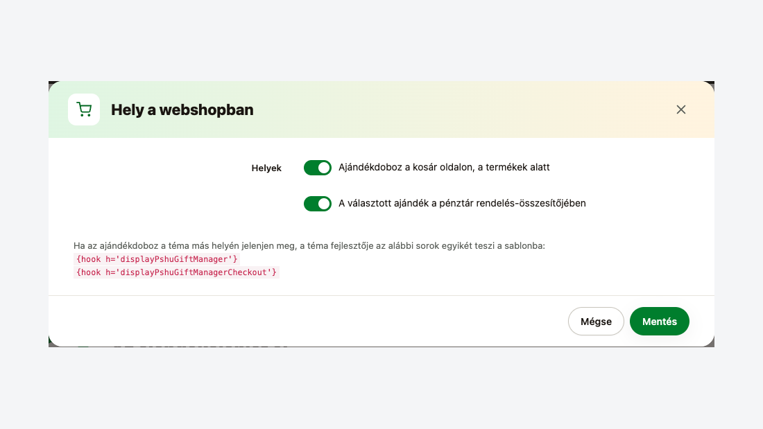 Hol jelenjen meg az ajándékdoboz: kosár oldal és pénztár, webshoponként
