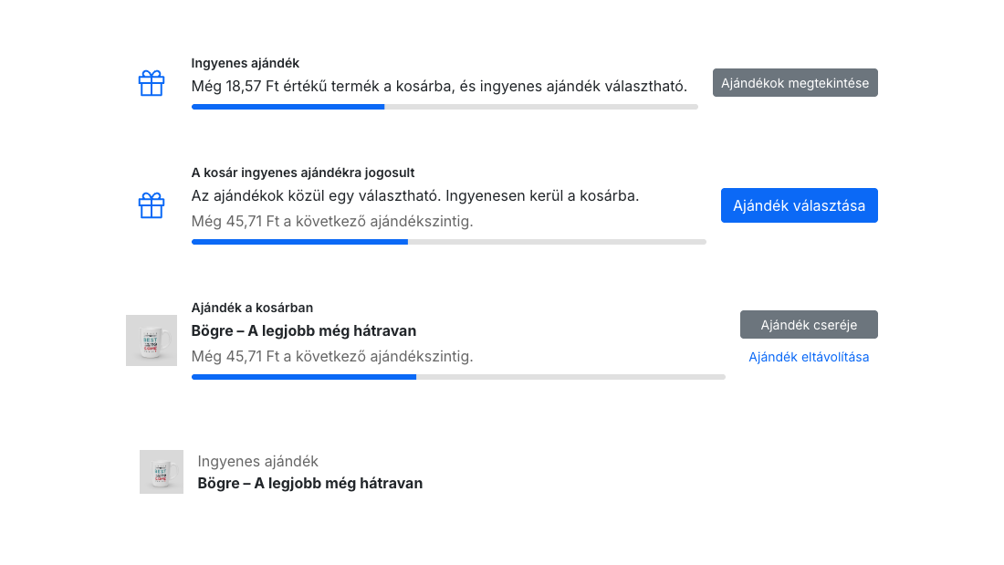 Az ajándékdoboz a kosár oldalon: hiányzó összeg haladássávval, választható ajándék, ajándék a kosárban és a pénztári összesítőben