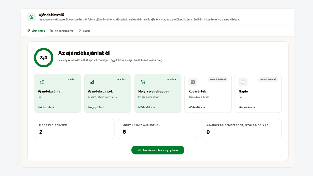 Az áttekintő oldal: beállítások kártyákon, élő szintek és ajándékos rendelések száma