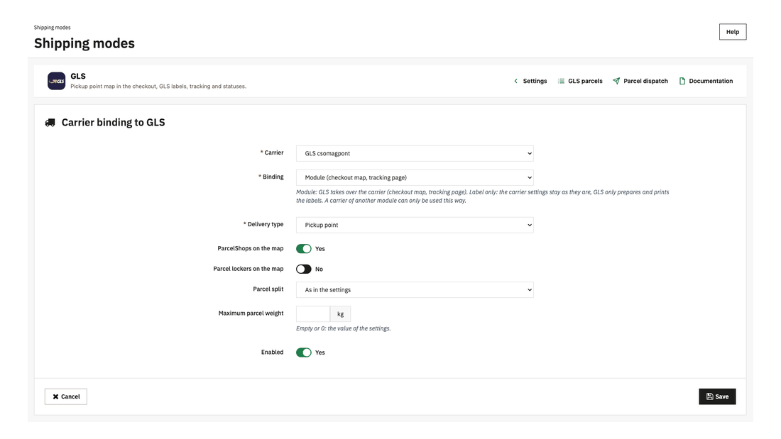 GLS carrier binding: a PrestaShop carrier bound to GLS in module or label-only mode, for parcel shop, locker or home delivery